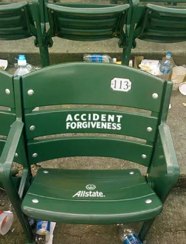 A green stadium seat with the word " accident forgiveness ".